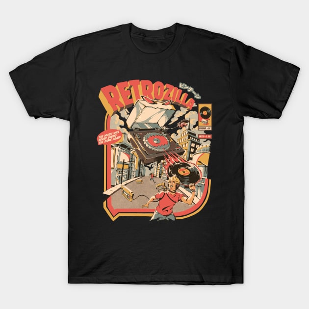 Retro Soundzilla Black - A Monstrous Vinyl Record Player T-Shirt by Ilustrata